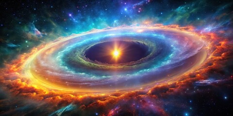 Obraz premium A colorful nebula with a sun-like center and wavy ring , space, galaxy, universe, celestial, cosmic, astrology, astronomy, nebula