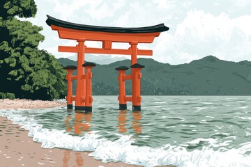 Torii Gate Seaside Shrine Shinto Religion Spiritual Symbol