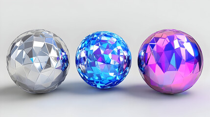 Three iridescent spheres in silver, blue, and purple with geometric patterns.