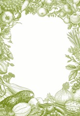 Naklejka premium Frame Made of Green Line Drawings Featuring Fruits and Vegetables with Empty Space in the Center for Text or Design