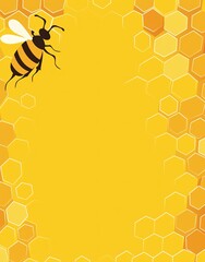 Honeycomb Background with Bee on the Left Side in Clip Art Style
