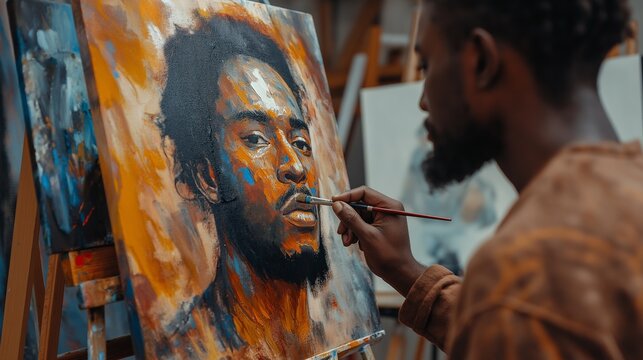 African american male painter at work painting portrait on canvas
