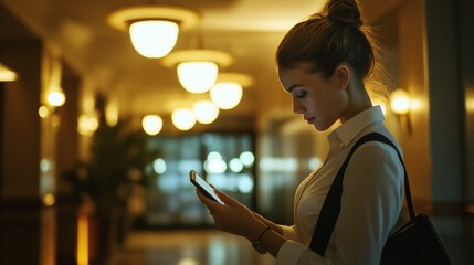 Businesswoman in the hotel using cell phone.