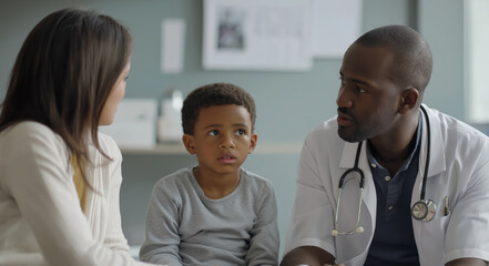 Obraz premium Black family, medicine and a pediatrician talking to a patient in the hospital for medical child care.