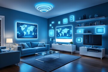 Naklejka premium A blue living room with a blue couch and a blue coffee table