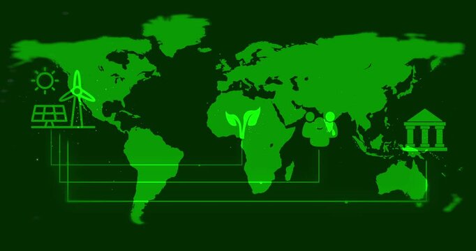 World map, earth and eco friendly with hologram, green or renewable energy with natural resources. Global investment, environment or climate change for future, recycling or network for sustainability