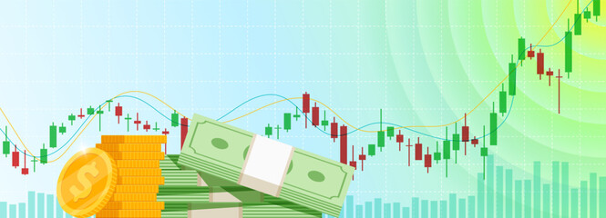 Naklejka premium Stock market trading technical analysis bar growing candlestick chart. Business exchange bullish trend graph. Trader financial investment growth moving up index eps banner. Savings and income concept