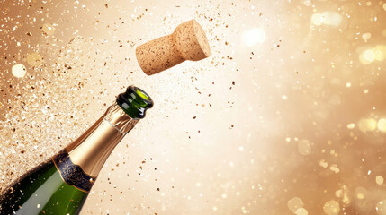 Global Champagne Day. Cork flies out of a bottle of sparkling wine, gold background. Horizontal banner. Free space for text. For holiday poster, card, invitation, wedding, birthday, party, New Year
