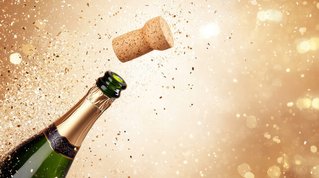 Global Champagne Day. Cork flies out of a bottle of sparkling wine, gold background. Horizontal banner. Free space for text. For holiday poster, card, invitation, wedding, birthday, party, New Year