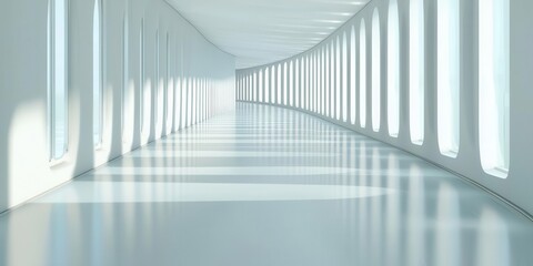 Naklejka premium A modern, bright corridor featuring sleek lines and ample natural light ideal for showcasing minimalist architecture and design