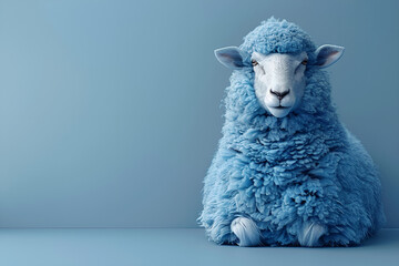 Obraz premium A blue-furred sheep sits calmly against a matching blue background, creating a harmonious and serene visual effect.