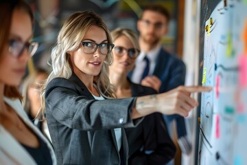 Woman, group and collaboration with notes on board with review, listening and planning with brainstorming. Coach, training and team by glass wall, questions and discussion with strategy in office