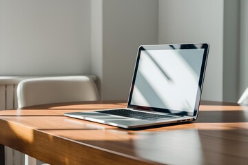 Laptop with blank screen on table, computer in desk office in a classroom, technology workplace, digital pc equipment internet space.