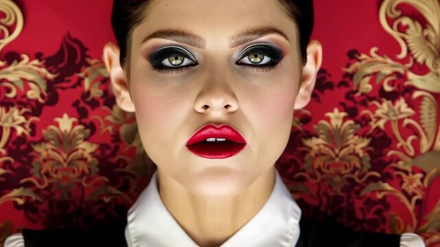 A model poses dramatically with intense green eyes and bold red lips against a lavish, patterned backdrop, creating a captivating visual contrast