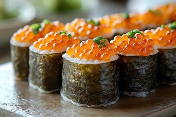 closeup of glistening ikura sushi vibrant orange roe delicate seaweed wrap artful presentation subtle lighting textural detail