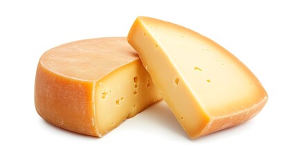 A round of semi-hard cheese with a slice cut out, isolated on a white background.