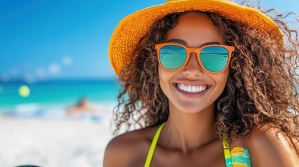 A radiant woman wearing orange sunglasses and a yellow hat, enjoying herself at the beach. Her smile, the clear blue sky, and the ocean create a perfect summer scene.