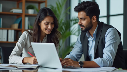 Fototapeta premium Indian financial advisors, both male and female, discuss a stock market strategy in a modern company using a laptop computer. Managers from South Asia Work Together on a Banking Project 