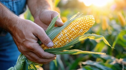 A farmer's hands holding a ripe ear of corn, showcasing the bounty of a flourishing cornfield, with the sun setting in the background, illustrating a harvest season scene.