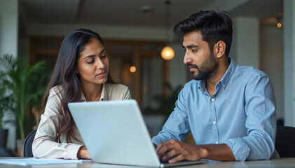 Indian financial advisors, both male and female, discuss a stock market strategy in a modern company using a laptop computer. Managers from South Asia Work Together on a Banking Project 
