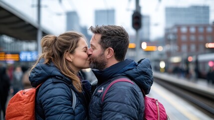 A couple with backpacks share a kiss on a busy train station platform, dressed in warm winter clothing, with the urban cityscape and commuter trains in the background.