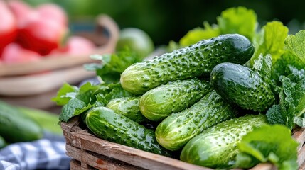 A basket full of freshly harvested cucumbers, placed among green leaves and in a garden setting, illustrating freshness and the abundance of home gardening.