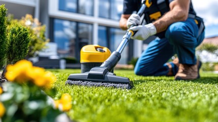 A man is seen cleaning artificial grass in a garden using a vacuum cleaner tool, with a yellow focus on a small flowering plant in the foreground adding depth to the image.