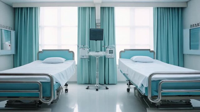 Serene Hospital Room: Two empty hospital beds await patients in a sterile and peaceful medical ward. 
