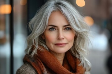 Fototapeta premium confident senior woman with silver hair and stylish outfit urban setting with soft bokeh background empowered and radiant expression