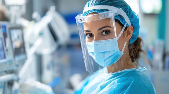 A medical professional wearing protective gear, including a face shield, hairnet, and surgical mask, is focused on their work in a hospital setting filled with medical equipment.