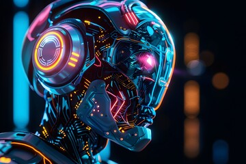 Side view of a humanoid head with blue and yellow eyes and vibrant neon neural network, representing futuristic technology and artificial intelligence