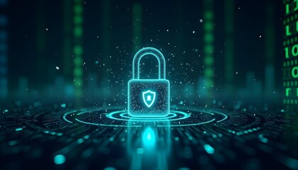 A glowing blue padlock icon surrounded by digital data streams and particles against a dark green background