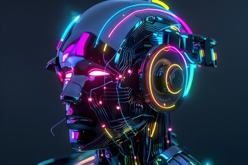 Side view of a humanoid head with blue and yellow eyes and vibrant neon neural network, representing futuristic technology and artificial intelligence