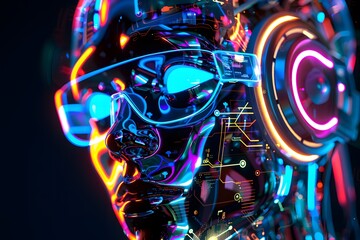 Side view of a humanoid head with blue and yellow eyes and vibrant neon neural network, representing futuristic technology and artificial intelligence