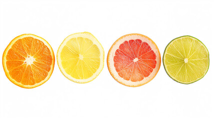 Citrus fruits slices. Cut fresh lemon slice, grapefruit slice, lime slice and orange slice isolated on white
