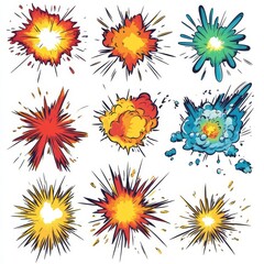A set of sparkling comicstyle explosions, vibrant colors, sharp edges, bold action effects, isolated on white background