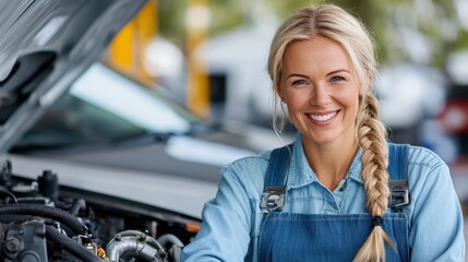 A happy female mechanic stands confidently by an open engine in a workshop. She wears appropriate attire, demonstrating technical skill and expertise in automotive repair.