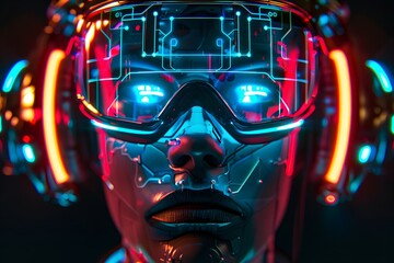 Fototapeta premium Side view of a humanoid head with blue and yellow eyes and vibrant neon neural network, representing futuristic technology and artificial intelligence