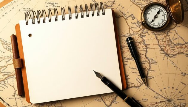 top view of vintage blank notebook with fountain pen near compass on map background, ai - Powered by Adobe