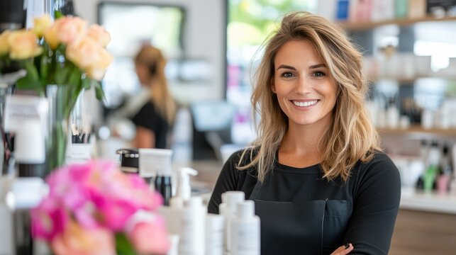 A smiling female beauty advisor stands confidently with arms crossed, surrounded by various beauty products in a well-lit store, exemplifying professionalism and service.
