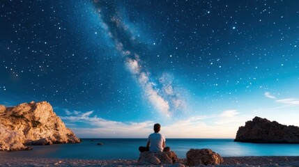 A contemplative figure sits by the beach under a vast, star-filled sky, capturing the majestic beauty of the Milky Way and the serene ambiance of the night, reflecting inner peace.