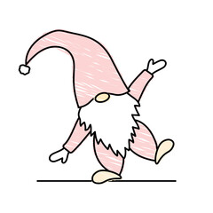 dancing scandinavian gnome, dwarf, hand up, black line doodle vector illustration, pencil drawn cartoon style, simple sketch character
