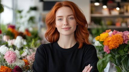 A confident red-haired woman standing amidst a variety of colorful flowers, with folded arms and a calm smile, highlighting her beauty and the vividness of the floral arrangements.