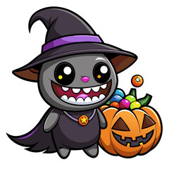 Spooky Cuddles: An adorable cartoon bat, dressed as a witch for Halloween, grins beside a pumpkin overflowing with colorful candy, capturing the spirit of playful fright.   [Vector PNG JPG SVG]