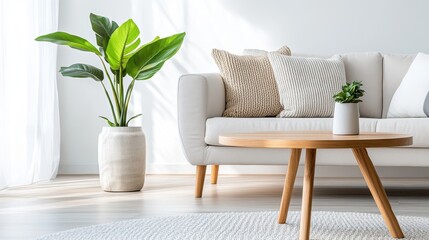 Spacious room featuring a large potted plant beside a modern white sofa with textured cushions. Natural light fills the space, highlighting the contemporary design.