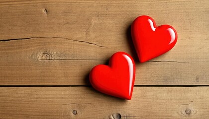 Fototapeta premium Valentines day background with two red hearts on wooden background, ai