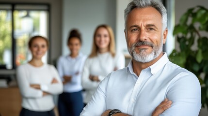 An older, confident man with crossed arms stands in an office with three team members in the background, highlighting leadership and professional teamwork in a corporate environment.