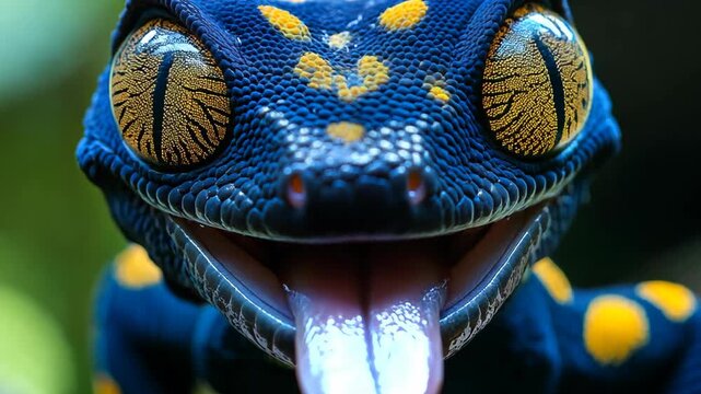 funny blue lizard close up face stick out it's tongue 