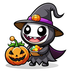 Spooky Sweet Tooth: An adorable cartoon ghost dons a witch hat, grinning beside a carved pumpkin and clutching a bowl overflowing with Halloween candy.  [Vector PNG JPG SVG]