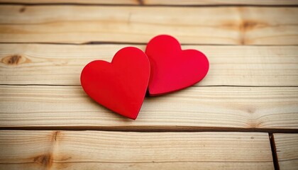 Valentines day background with two red hearts on wooden background, ai